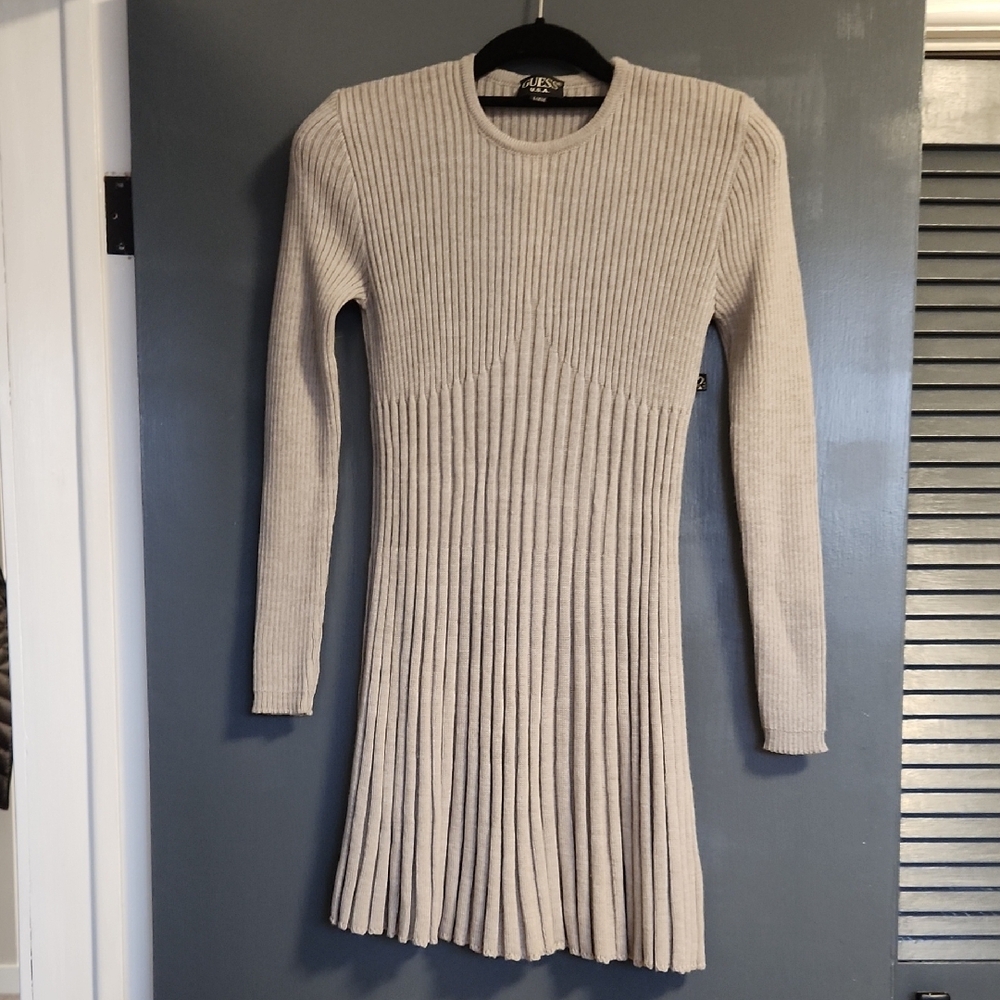 Guess Gray Long Sleeve Crew Neck Sweater Dress